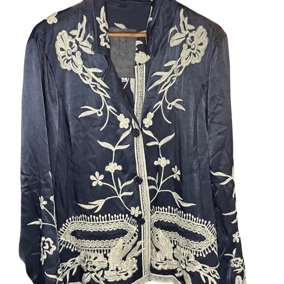 Johnny Was Navy Embroidered Kimono Jacket Size L Boho Chic Art to Wear - Picture 2 of 7